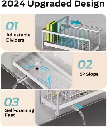 Kitchen Sink Organizer, Sponge Holder for Kitchen Sink with Automatic Draining Basket, Dish Towel Hanger, Stainless Steel 304, Dish Organizer, Soap Dispenser, Storage