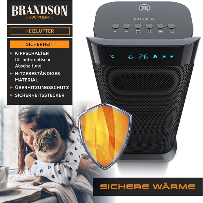 Обігрівач Brandson з пультом керування, енергозберігаючий, тихий, керамічний - для ванної кімнати, з функцією осциляції, 2 режими нагріву, таймер, висока безпека, чорний