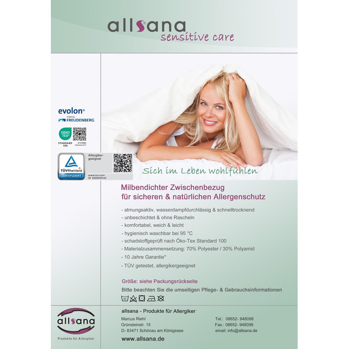 Allsana Anti-Allergy Mattress Cover for Topper 90x200x8 cm | Anti-Mite Encasing for Topper | Dust Mite Protection for House Dust Allergy Sufferers | Dust-Mite-Proof Intermediate Cover for Mattress Topper | TÜV Tested