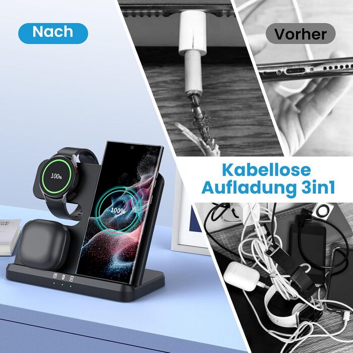 Seacosmo Бездротова зарядна станція 3-в-1, 18W для Samsung Galaxy Watch 8/7/Ultra/6/5/4/3/Pro, S24/23/22/21/Plus/Ultra та Buds