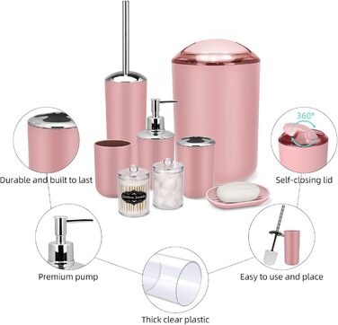 Набір аксесуарів для ванної кімнати IMAVO – 8 предметів (сірий) з відром, дозатором мила, мильницею, тримачем для зубних щіток, тримачем для унітазного йоржика, контейнером для ватних паличок з етикетками (рожевий)
