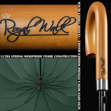 Royal Walk Automatic Travel Golf Umbrella - 54 Inch/137cm - Windproof, Waterproof, Large Size for 2 People - Classic Design, Wooden Handle, Unisex