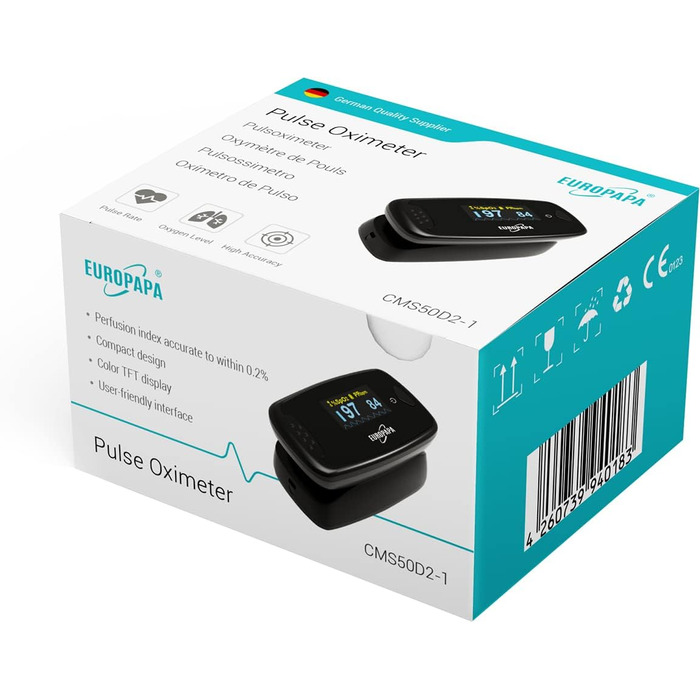 Пульсоксиметр EUROPAPA: вимірювання SpO2 та пульсу з OLED дисплеєм (чорний)