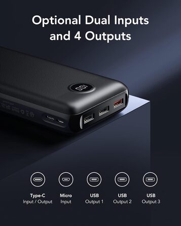 Power Bank VEGER 30000mAh 20W PD: Швидка зарядка, LED дисплей, 4 виходи, 2 входи, USB-C, сумісний з iPhone, iPad, планшетами