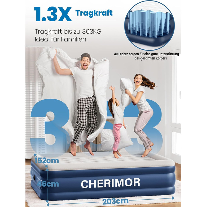 Надувне ліжко для двох осіб, самонадувна повітряна матрац для гостей з вбудованим насосом (3 хвилини), захист від проколів, надувна матрац для кемпінгу та дому, 203x152x46 см, максимальне навантаження 363 кг