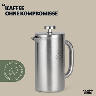 Campo Libre.® Giorgio. French Press Coffee Maker made of double-walled stainless steel, 0.6l | Plastic-free coffee press with thermal function including replacement filter | Coffee maker | 100% recycled stainless steel, 600ml, Matt Steel