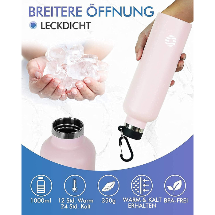 Фляга спортивна Feijian 1L з карабіном - термофляга з нержавіючої сталі, витримує напій з газом, без BPA, для туризму, спорту, школи, велосипеда, армійського кольору (Рожева, 750 мл)