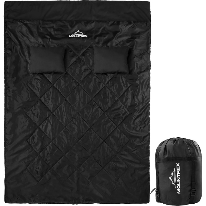 Mountrex Double Sleeping Bag - Summer Sleeping Bag for 2 People (210 x 150cm) - Double Sleeping Bag - XXL Summer Sleeping Bag with 2 Pillows for Adults - Camping, Outdoor & Indoor Use - Black