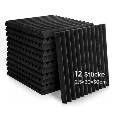 Акустичний поролон Fstop Labs для звукоізоляції, набір 12 шт. 3D панелі-поглиначі ехо та шуму (пірамідки), 30 x 30 x 5 см, чорний