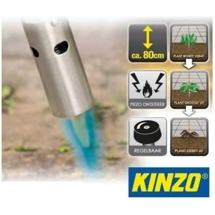 Газовий пальник Kinzo K0318 для видалення бур'янів, 80 см, з п'єзозапалюванням, комплект з 10 балонів по 227 г, регульований полум'я, до 1000°C, для гриля, шиші, бур'янів