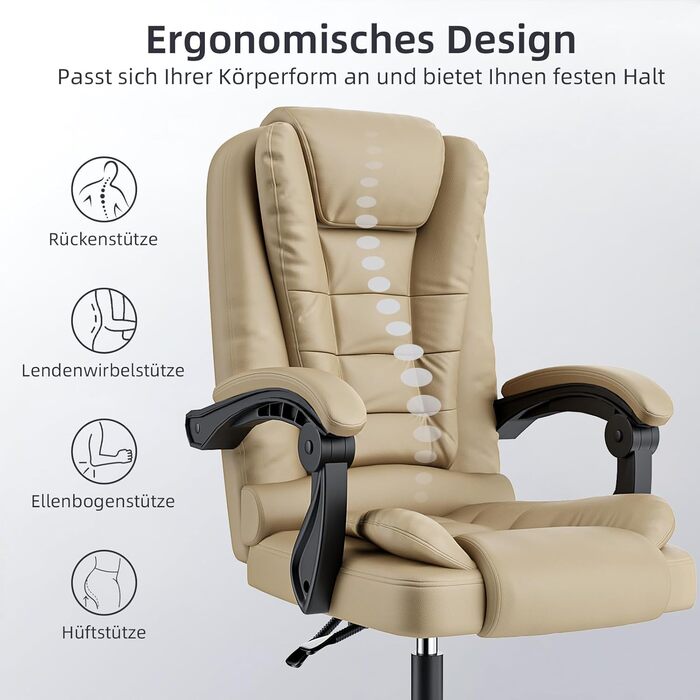 Крісло для офісу та дому Naspiro Chefsessel: ергономічне, з високою спинкою, регульоване по висоті, з підлокітниками, функція нахилу, обертове, хакі (без підставки для ніг)