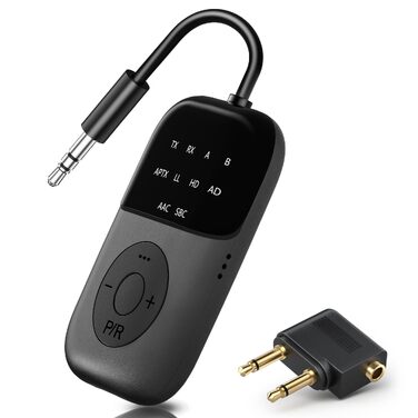Bluetooth 5.4 адаптер 2-в-1 (передавач та приймач) з aptX Low Latency, 3.5 мм jack, для навушників, ТБ, авто та літака, чорний