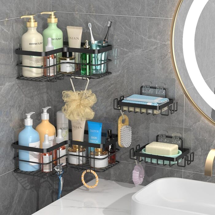 Набір з 5 полиць для душу Yazoni, самоклеючі, без свердління, нержавіюча сталь, чорний колір