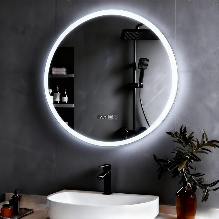 Дзеркало для ванної кімнати YOURLITE з підсвічуванням, діаметр 60 см, LED, сенсорне керування, 3 кольори світла, регулювання яскравості, антизапар, пам'ять, годинник, білий