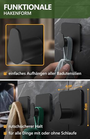 Набір тримачів для рушників 4smile (6 шт.) без свердління, з нержавіючої сталі, чорний. Клейкі гачки для ванної кімнати, міцна фіксація.