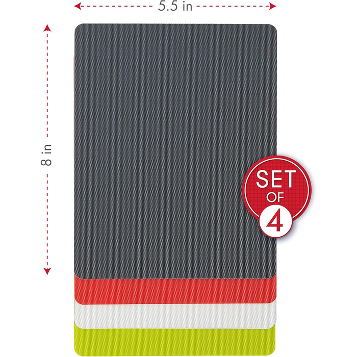 Килимок для обрізної дошки Dexas, 4 шт., 14 x 20 см, нековзкий, для кухні (сірий, червоний, білий, зелений)