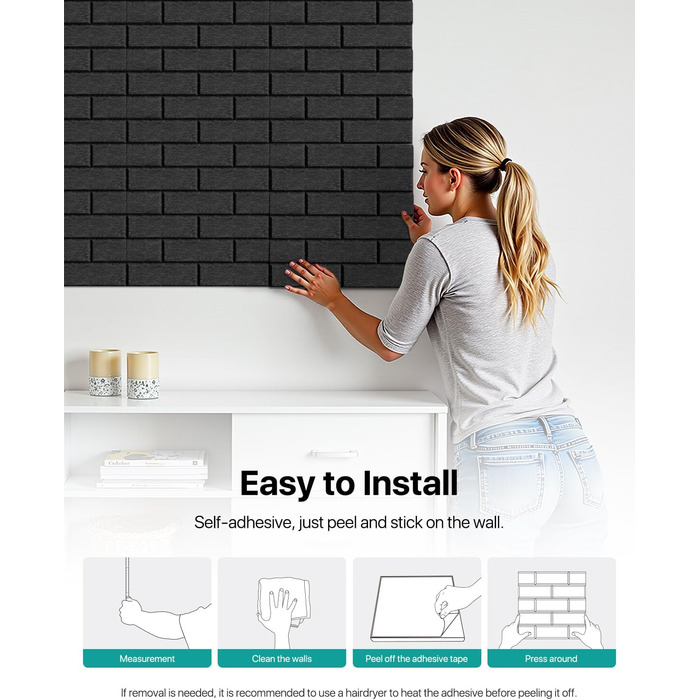 Самоклеючі акустичні панелі для шумоізоляції стін, звукопоглинаючі плити цегляного типу, 30x30x0.9 см, чорні, 12 шт (4 кг)
