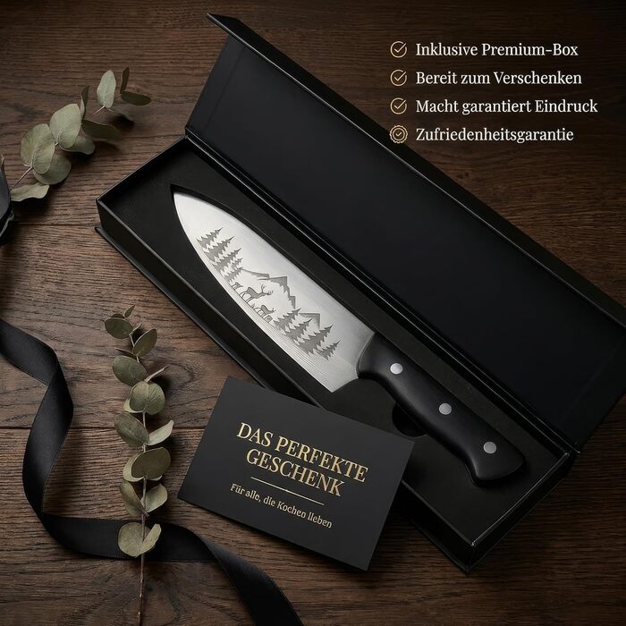 Ніж кухарський FIXLINE® Chefmesser 20 см BLACK FOREST Edition – професійний ніж для кухні, нержавіюча сталь, чорна дерев'яна ручка, подарункова упаковка