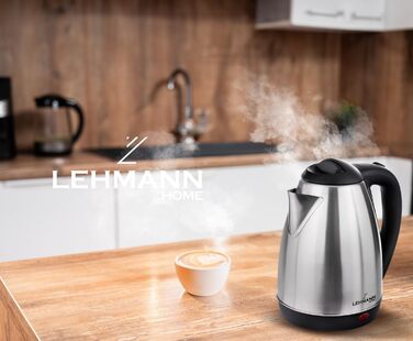 Електричний чайник LEHMANN з нержавіючої сталі, 2200 Вт, 1.8 л, швидке нагрівання, 360° підставка, автовимкнення, захист від перегріву, BPA-Free, для дитячого харчування, чаю та кави, сріблястий