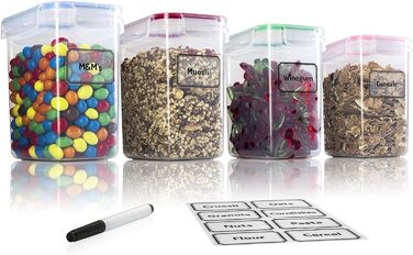 TNM Storage Container Set (4x1.6L), Airtight Food Storage Boxes for Kitchen - Plastic Containers with Lids, Cereal Dispenser & Freshness Containers, BPA-free Plastic, Storage for Noodles, Cereal, Rice, Flour - Coloured Food Container 1.6l