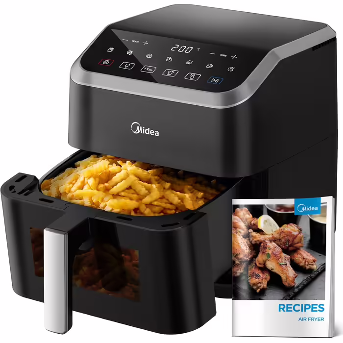Midea Hot Air Fryer 5L Capacity, HeatXpress Technology 90% Less Oil, Energy and Time Savings with 7 Presets, Easy-View Window & Light, Non-Stick, Black