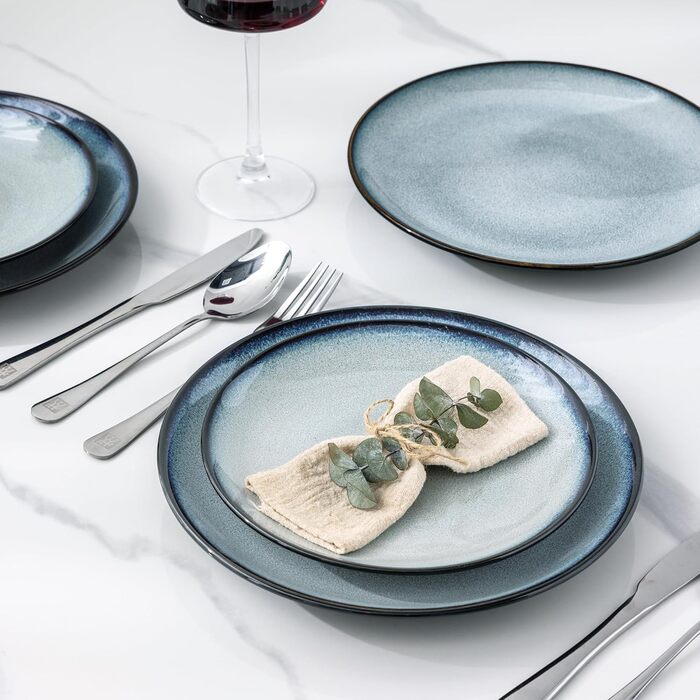 Набір посуду LeRatio для 8 осіб: 24-елементний набір посуду з кераміки з реактивною глазур'ю, стійкий до подряпин, набір тарілок та мисок, придатний для миття в посудомийній машині та використання в мікрохвильовій печі (Ozeanblau, 18 частин)