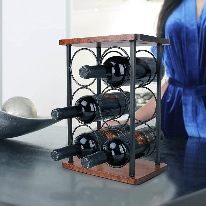 Wine rack with glass holders, tabletop wine rack with tray, freestanding wooden wine rack, perfect for home decor & kitchen storage rack, etc. (holds 6 bottles and 2 glasses) (Holds 6 Bottles)