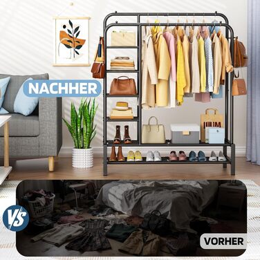 Вішалка для одягу в спальню та вітальню, подвійна, чорна - міцна конструкція 100 кг, з полицями для зберігання