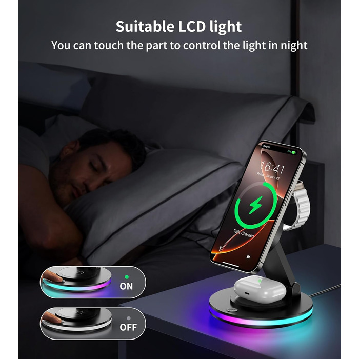 Зарядний пристрій MagSafe 3-в-1 для Apple Watch та iPhone, складний, поворотний з регулюванням світла, бездротовий зарядний стан MagSafe для iPhone 16/15/14, AirPods (без адаптера) - Чорний