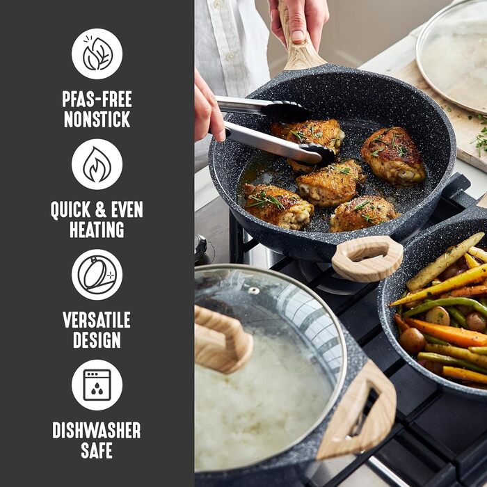 Набір кухонного посуду з кераміки (8 предметів), індукційний, без ПТФЕ, безпечний, для кухні, салатовий (середній, гранітний чорний)