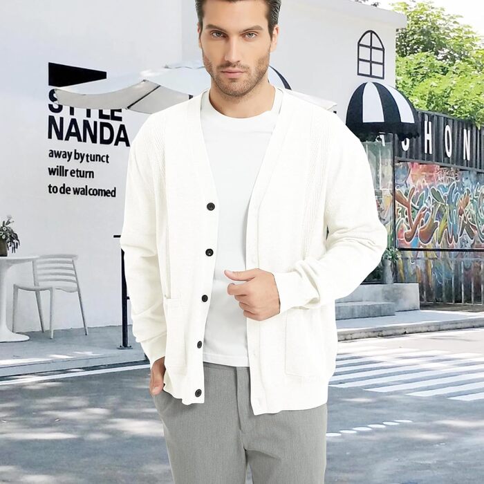 Чоловічий кардиган з в'язаного полотна, чоловічий пуловер з V-подібним вирізом, з довгими рукавами, з ґудзиками та кишенями (білий, L)