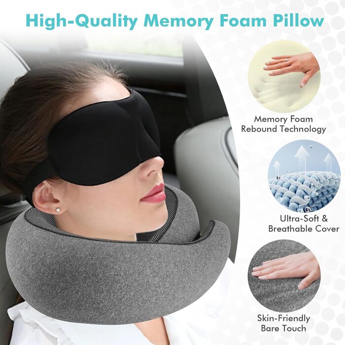 Подушка для шиї у літак, Memory Foam, ортопедична, компактна, для тривалих перельотів. З 3D-маскою для сну та берушами. Ваш незамінний супутник у подорожах