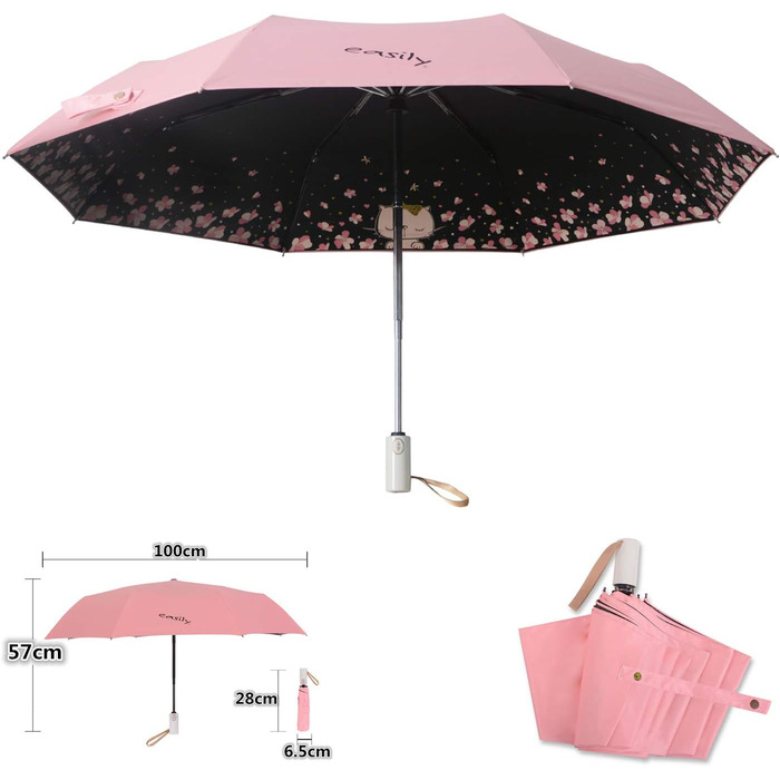 Зонт компактний та складаний з UV-захистом, переносний від Voy Lady – Рожевий, з квітковим малюнком (кіт) – діаметр 96 см