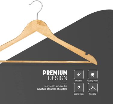 Плечики для одягу KEPLIN Starker з натурального дерева (30 шт.) з обертовим гаком 360° та перекладиною для штанів, з вирізами для плечей - довговічні, економні, підходять для пальто, жакета, костюма