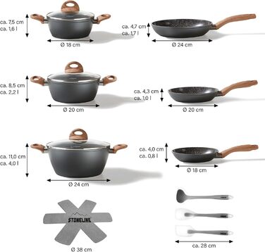 STONELINE Ceramic Cookware Set, 14-Piece, 18/20/24cm Pots and Pans, PFAS-Free, Cookware Set, Pan Set, Induction, Cookware Set with Lids, Ceramic Coating with Real Stone Particles, Wood-Look Handles, 14-Piece