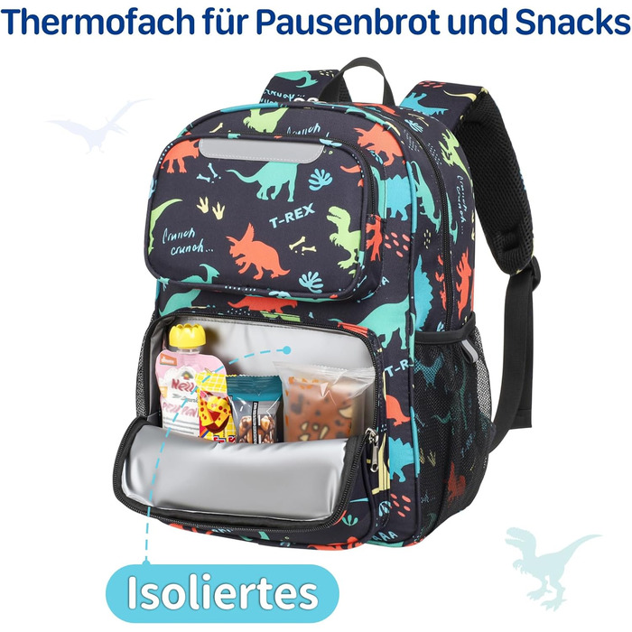 Дитячий рюкзак Bagseri для дівчаток 15L, легкий рюкзак для школи, дитячий сад та 1-2 класи, з нагрудним ременем та ізотермічним відділенням, формат DIN A4, з світловідбиваючими елементами (чорний динозавр)