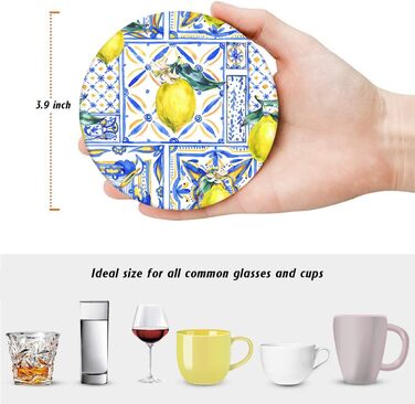 Drink coasters, set of 6, yellow lemon, fruit, blue ceramic tiles, pattern, absorbent, square, ceramic stone mat, with cork backing and metal holder, housewarming gift, (lemon)
