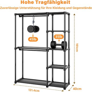Відкритий шафа для одягу Mavivegue з 4 полицями та вішалкою, чорний - 40x121x161 см