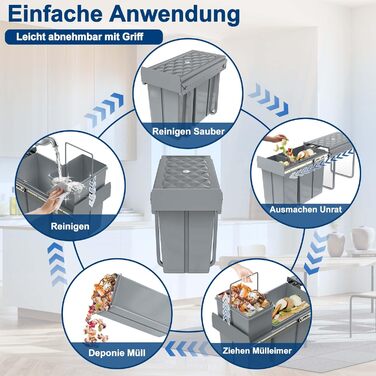 Вбудований контейнер для сміття HENGMEI з висувними ящиками для сортування, сірий (1x20L + 2x10L)