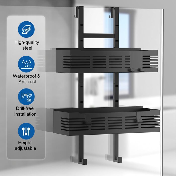 Поличка для душу AIGOCITY без свердління, чорна, для скляних душових кабін, з 3 гачками, регульована висота, для шампуню та гелю для душу