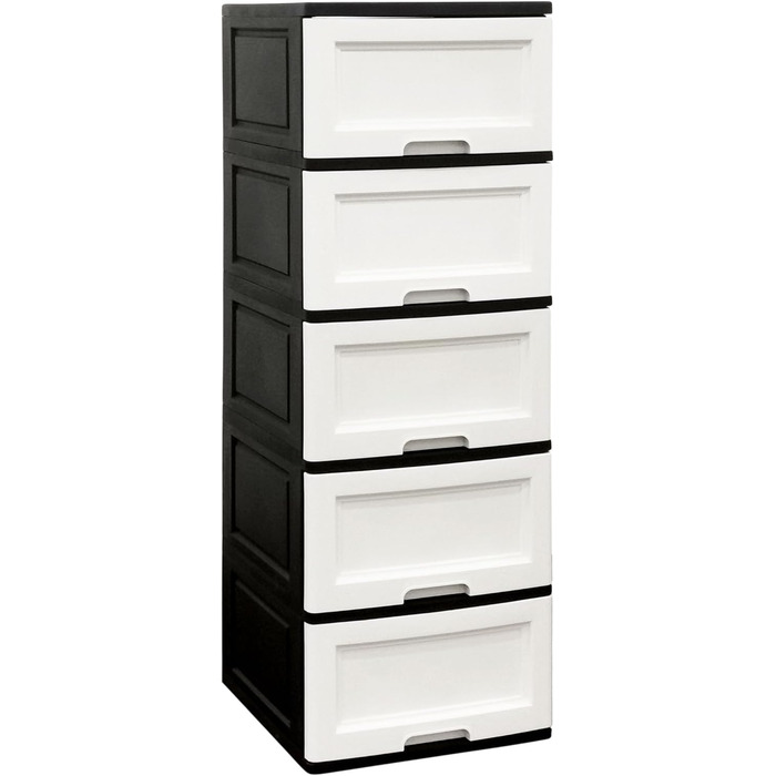 Chest of drawers 44x50x127 cm with 5 large XXL drawers, 40 liters per drawer, featuring fronts in beautiful candy colors and a modern look. Made from recyclable PP plastic (Black / White, Pine) for the environment.