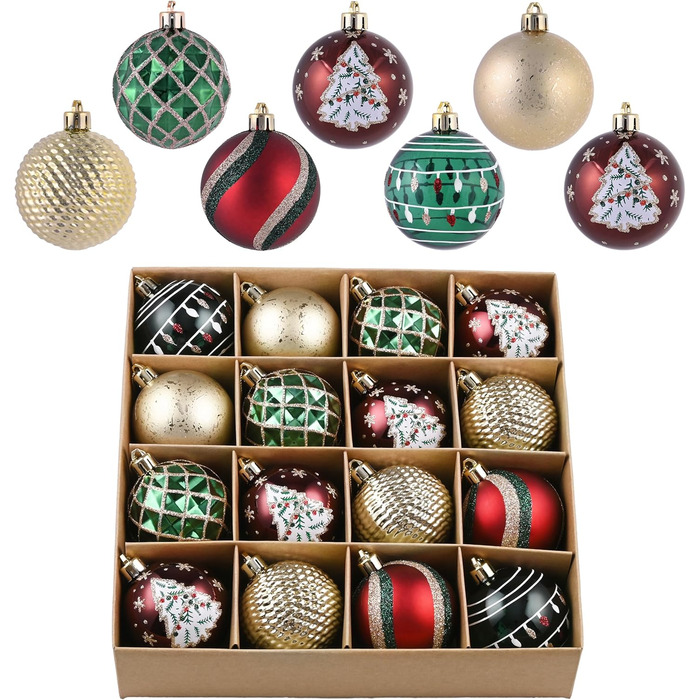 Набір новорічних кулічок Valery Madelyn, 16 шт, 6 см, червоно-зелено-золотий, з подарунковою упаковкою