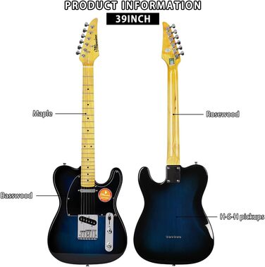 Електрогітара Bullstar для початківців TL Series, повний розмір, корпус з павловнії, гриф C-подібної форми, комплектація з аксесуарами, сумка MS110 (блакитна)