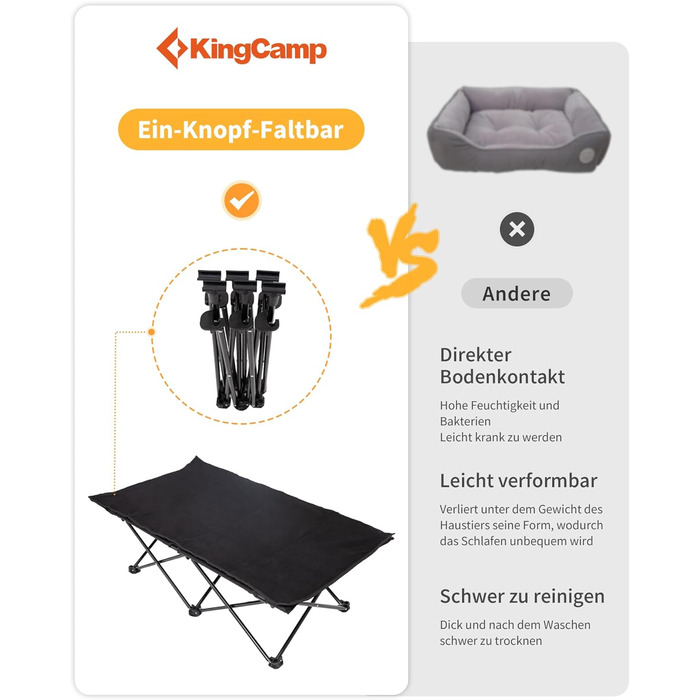 КінгКемп лежанка для собак, піднята лежанка для домашніх тварин, лежанка для собак на відкритому повітрі, чорна, 57 x 57 x 23 см (126 x 66 x 33 см)