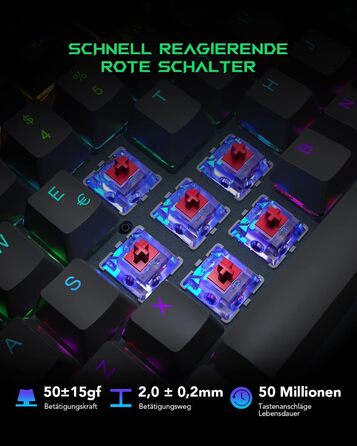 Black Shark Механічна ігрова клавіатура RGB, QWERTZ, німецьке розкладка, червоні перемикачі, 105 клавіш, металева пластина, програмована, для геймерів
