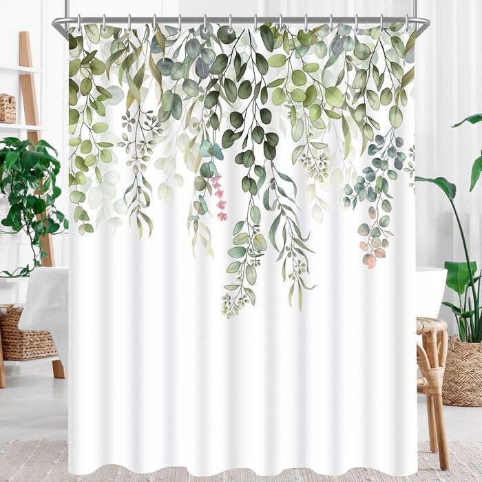 Штора для душу 200x200 см, зелені листки, антигрибкова, текстильна, водовідштовхувальна, поліестер, з кільцями (1 шт)