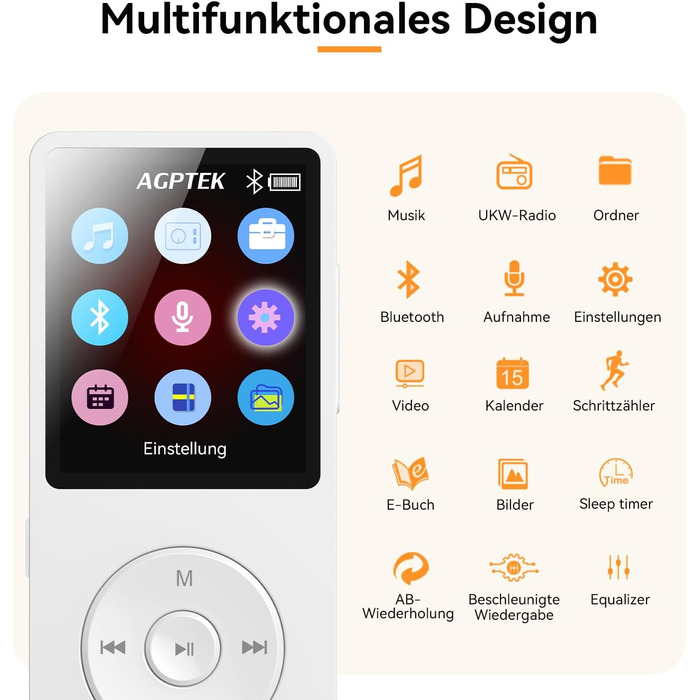 MP3 плеєр AGPTEK 64GB Bluetooth 5.3 з динаміком, радіо FM, підтримкою TF-карти 128GB, білий