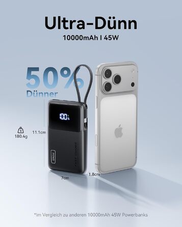 Повербанк INIU 45W 10000mAh з вбудованим кабелем USB-C, швидка зарядка для iPhone 16 17 Pro, Samsung S22, Xiaomi, iPad, чорний