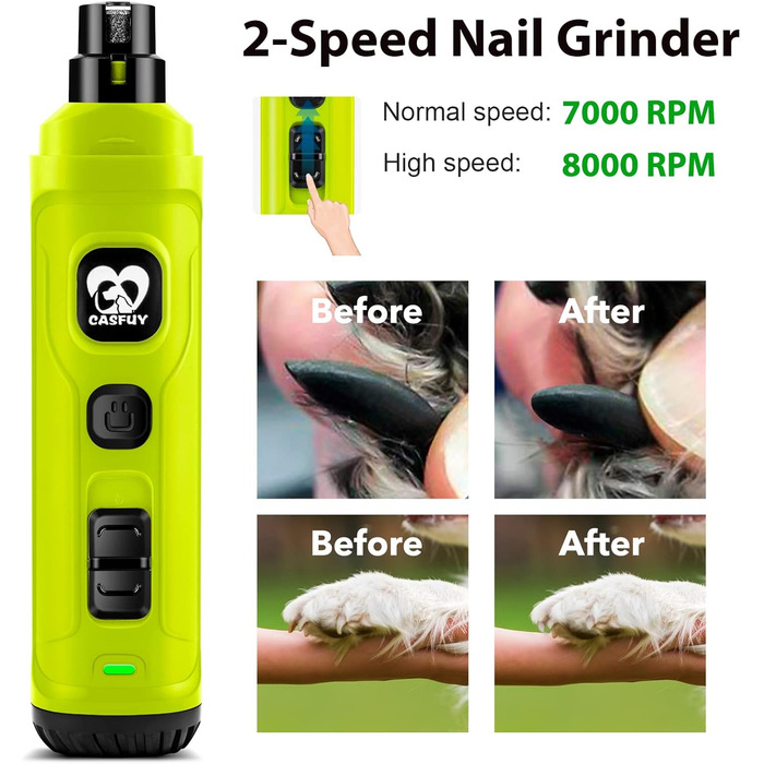 Електричний точилка для кігтів собак і котів Casfuy з 2 LED-лампами – 2 швидкості, тихий, потужний, для собак та котів середніх та малих порід (зелений)