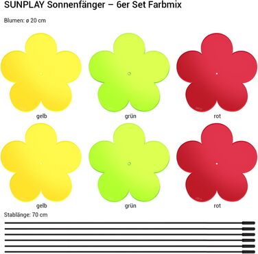 Набір сонячних квітів SUNPLAY, 6 шт: жовті, зелені, червоні, 20 см, з 70 см стрижнями для саду